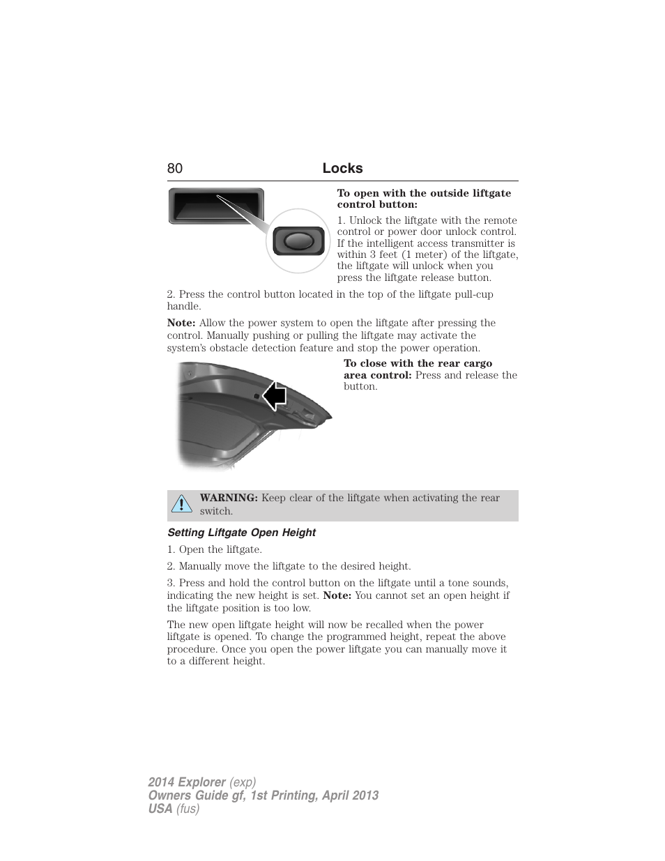 Setting liftgate open height, 80 locks | FORD explorer User Manual | Page 81 / 586