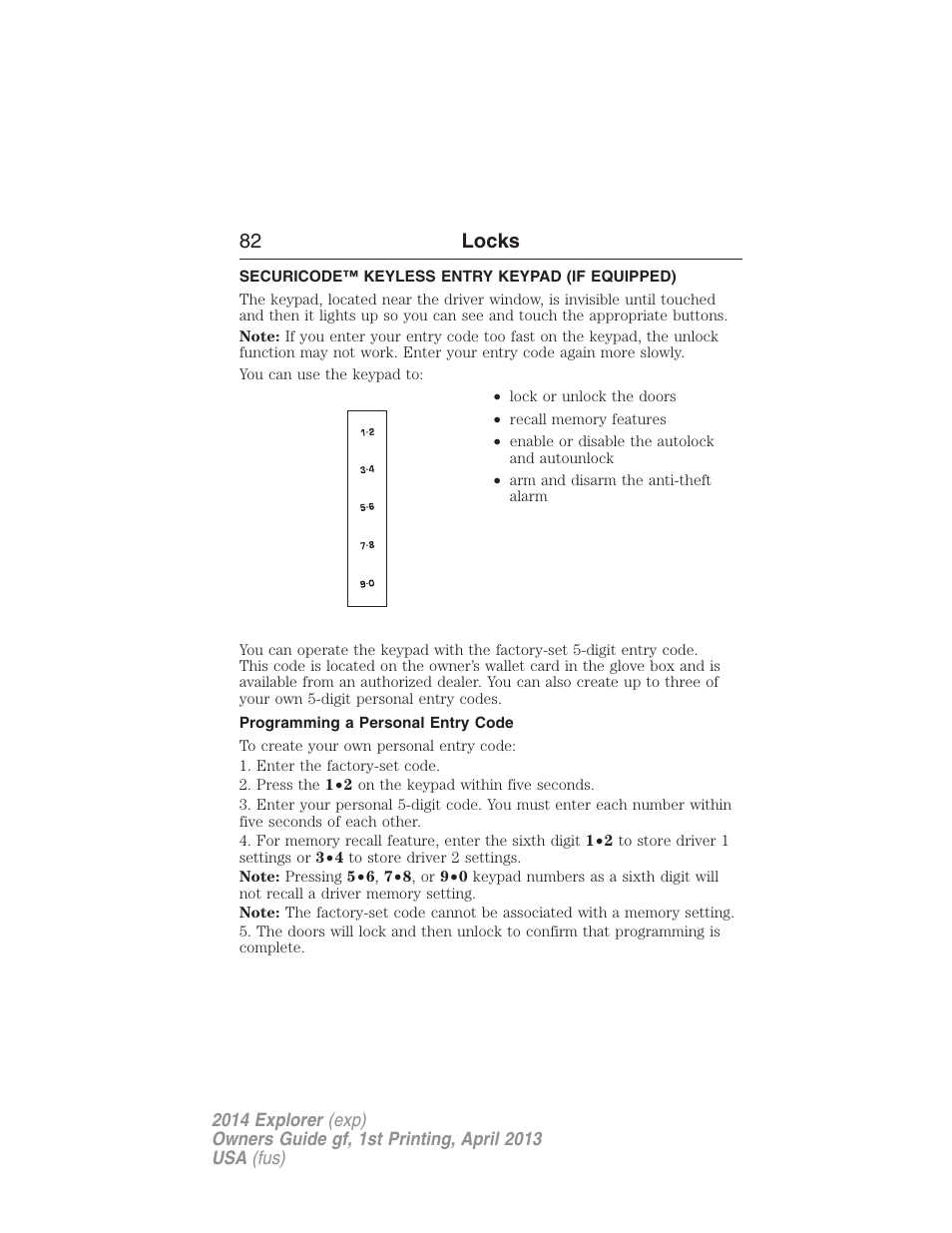 Securicode™ keyless entry keypad (if equipped), Programming a personal entry code, Securicode™ keyless entry keypad | 82 locks | FORD explorer User Manual | Page 83 / 586