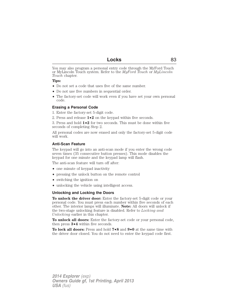 Erasing a personal code, Anti-scan feature, Unlocking and locking the doors | Locks 83 | FORD explorer User Manual | Page 84 / 586