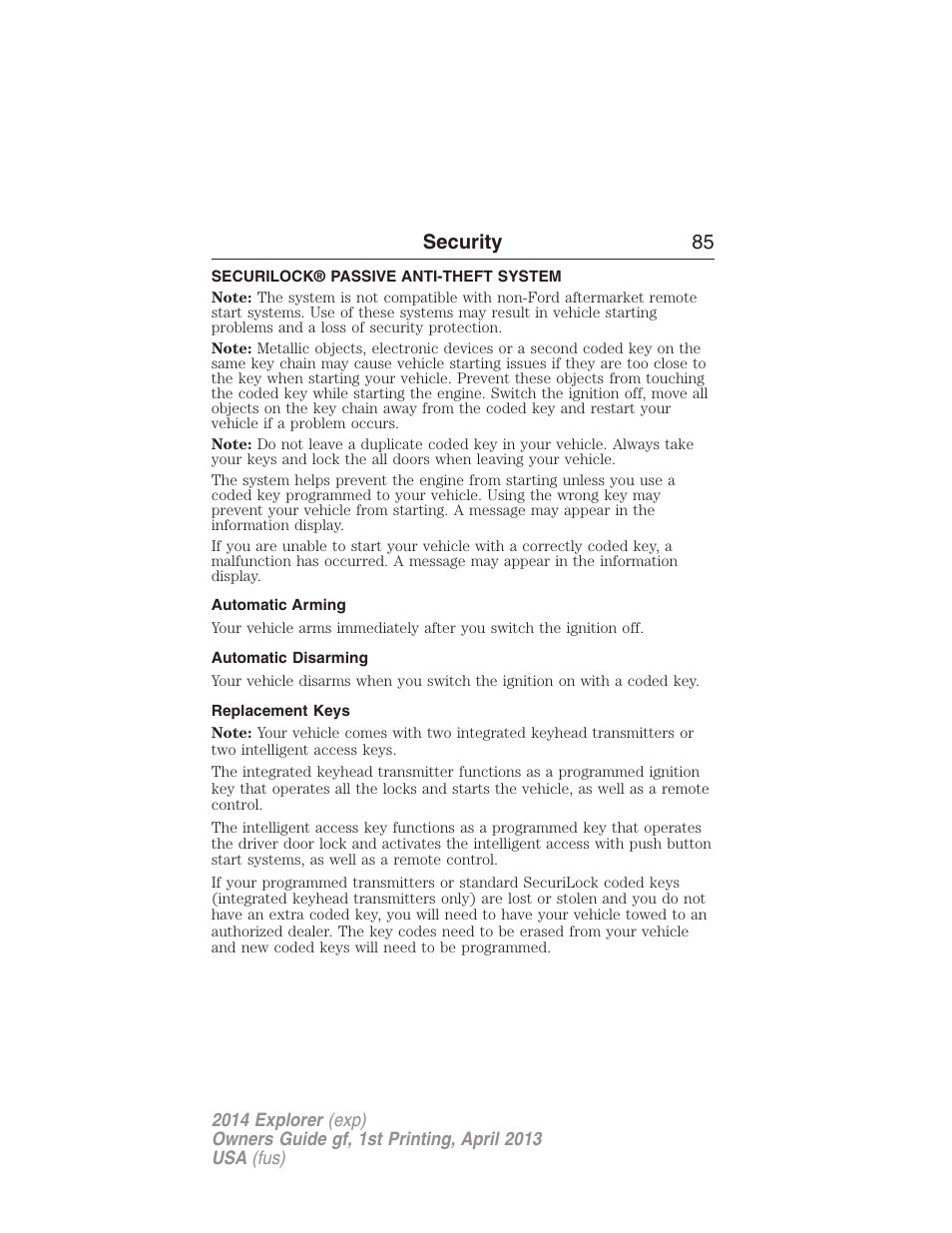 Security, Securilock® passive anti-theft system, Automatic arming | Automatic disarming, Replacement keys, Security 85 | FORD explorer User Manual | Page 86 / 586