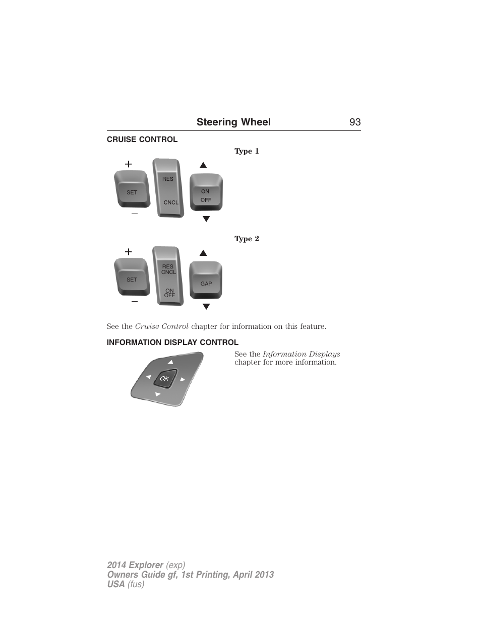 Cruise control, Information display control, Steering wheel 93 | FORD explorer User Manual | Page 94 / 586