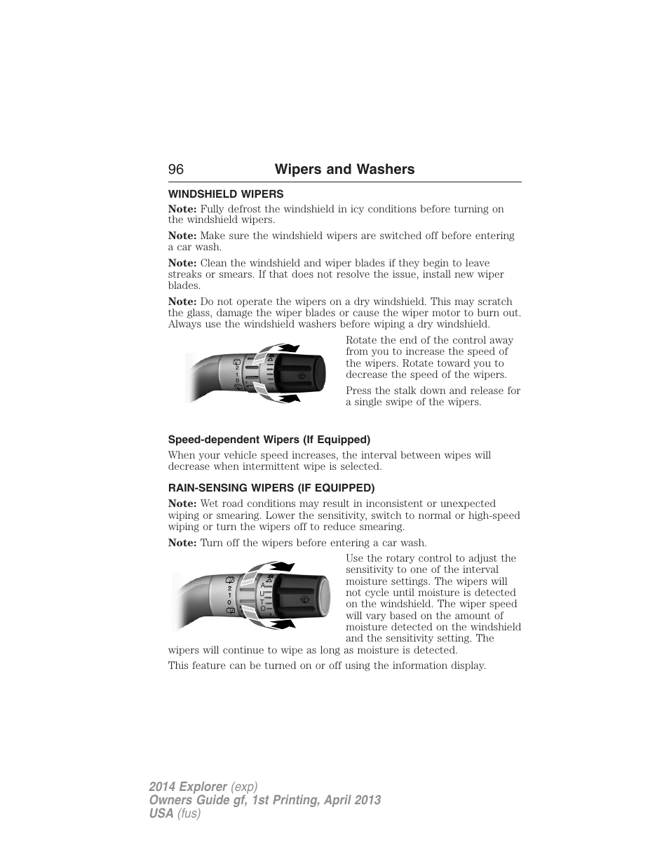 Wipers and washers, Windshield wipers, Speed-dependent wipers (if equipped) | Rain-sensing wipers (if equipped), Rain-sensing wipers, 96 wipers and washers | FORD explorer User Manual | Page 97 / 586