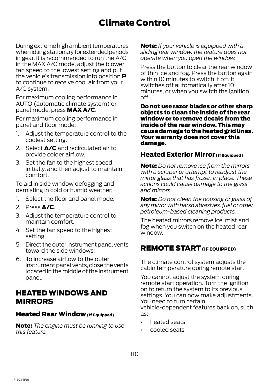 Heated windows and mirrors, Remote start, Heated windows and mirrors remote start | Climate control | FORD f150 User Manual | Page 112 / 469