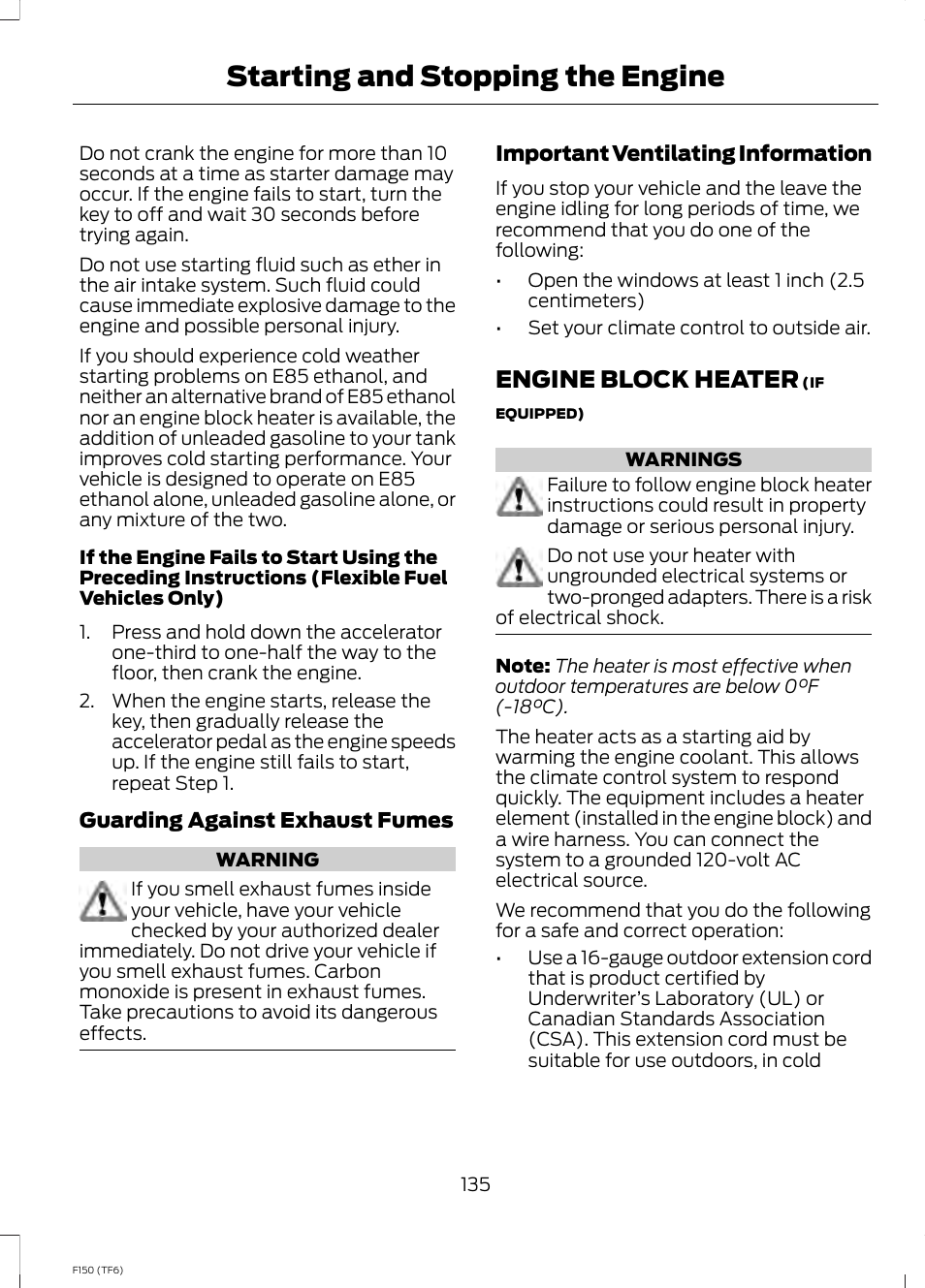 Engine block heater, Starting and stopping the engine | FORD f150 User Manual | Page 137 / 469