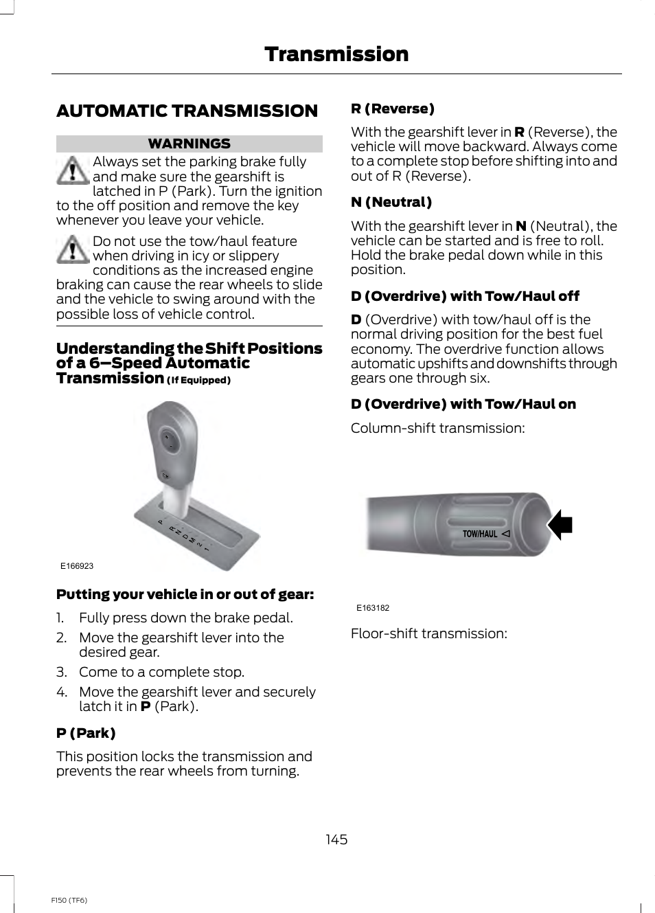 Transmission, Automatic transmission | FORD f150 User Manual | Page 147 / 469