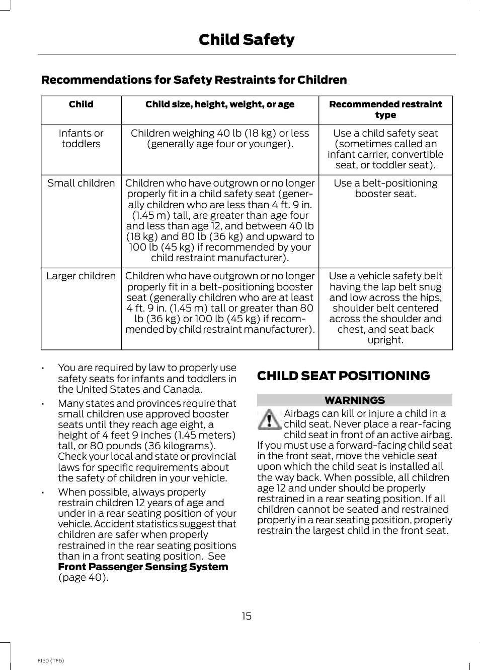 Child seat positioning, Child safety | FORD f150 User Manual | Page 17 / 469