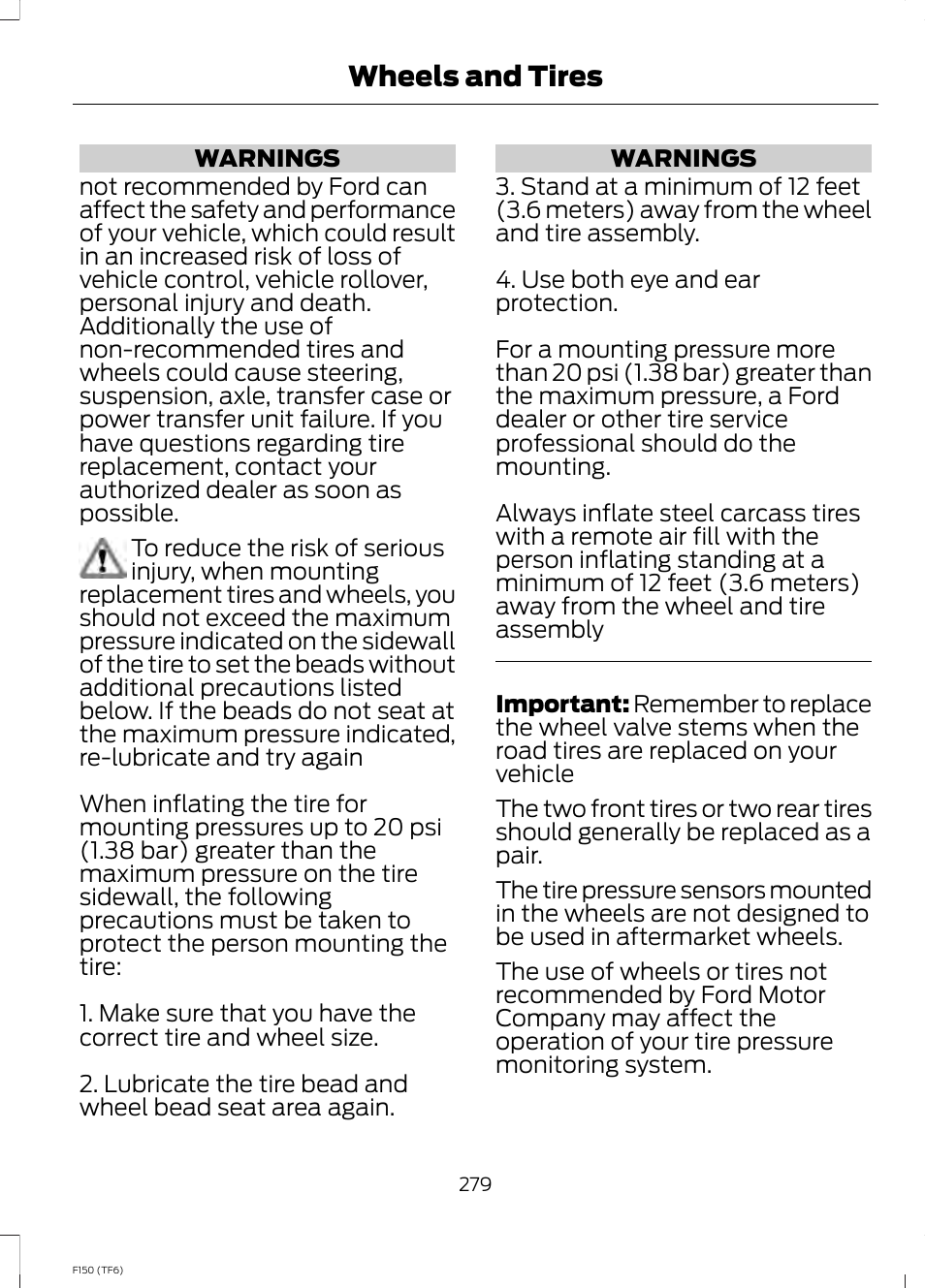 Wheels and tires | FORD f150 User Manual | Page 281 / 469