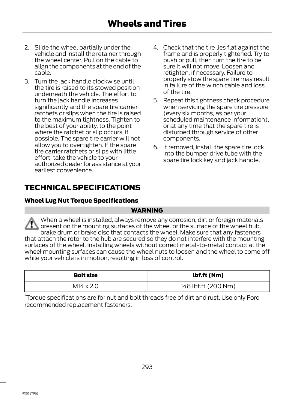 Technical specifications, Wheels and tires | FORD f150 User Manual | Page 295 / 469