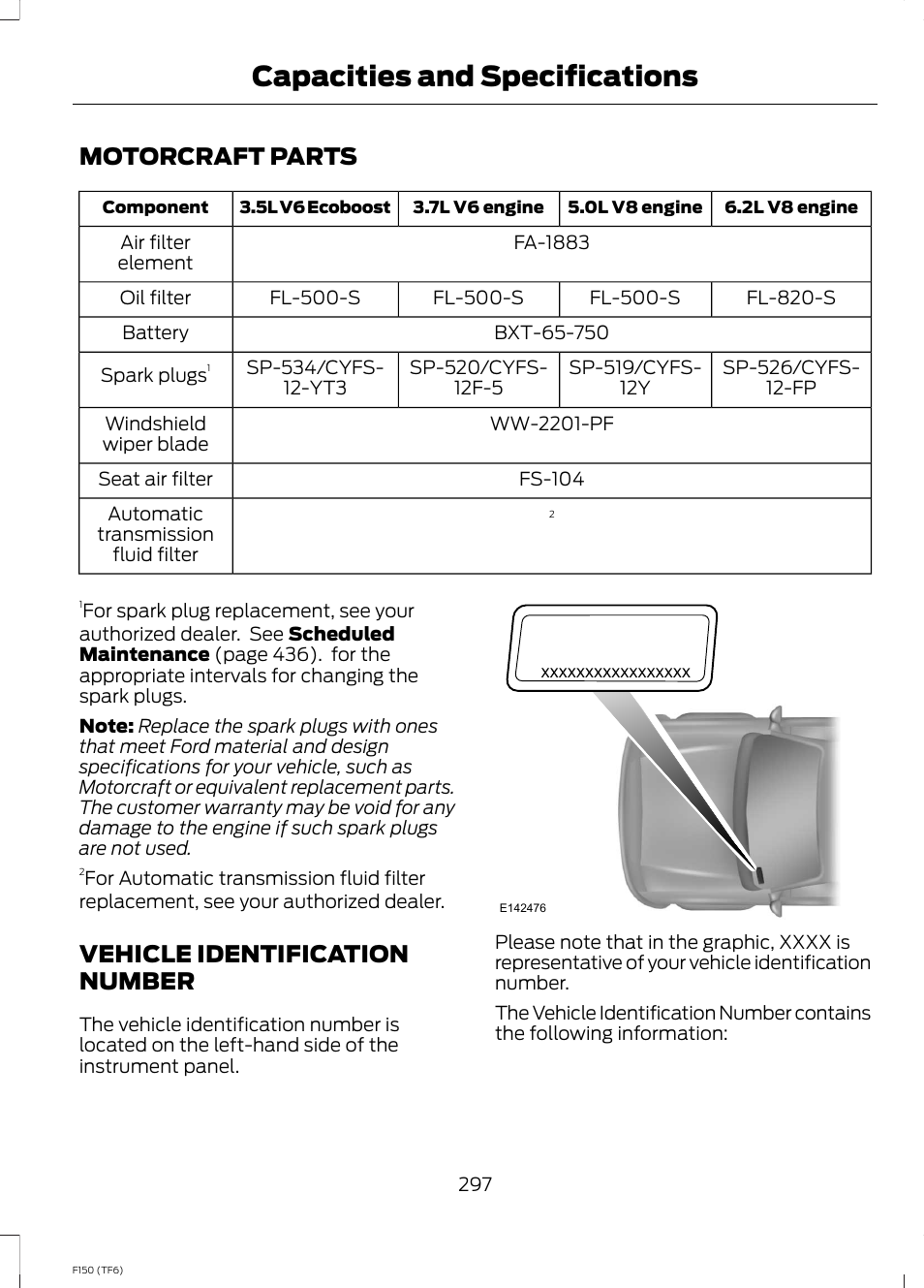 Motorcraft parts, Vehicle identification number, Motorcraft parts vehicle identification number | Capacities and specifications | FORD f150 User Manual | Page 299 / 469