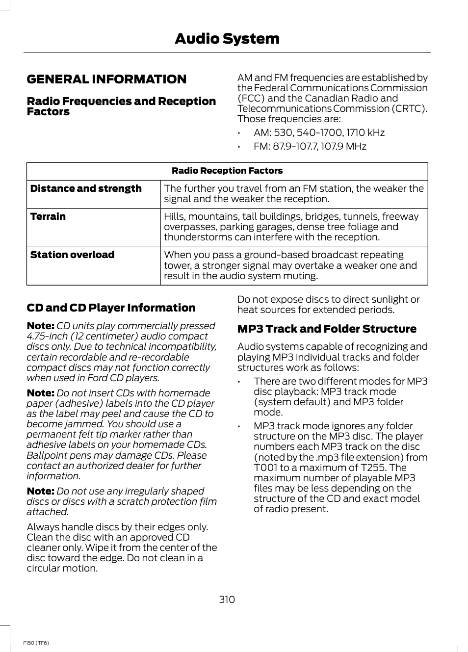 Audio system, General information | FORD f150 User Manual | Page 312 / 469