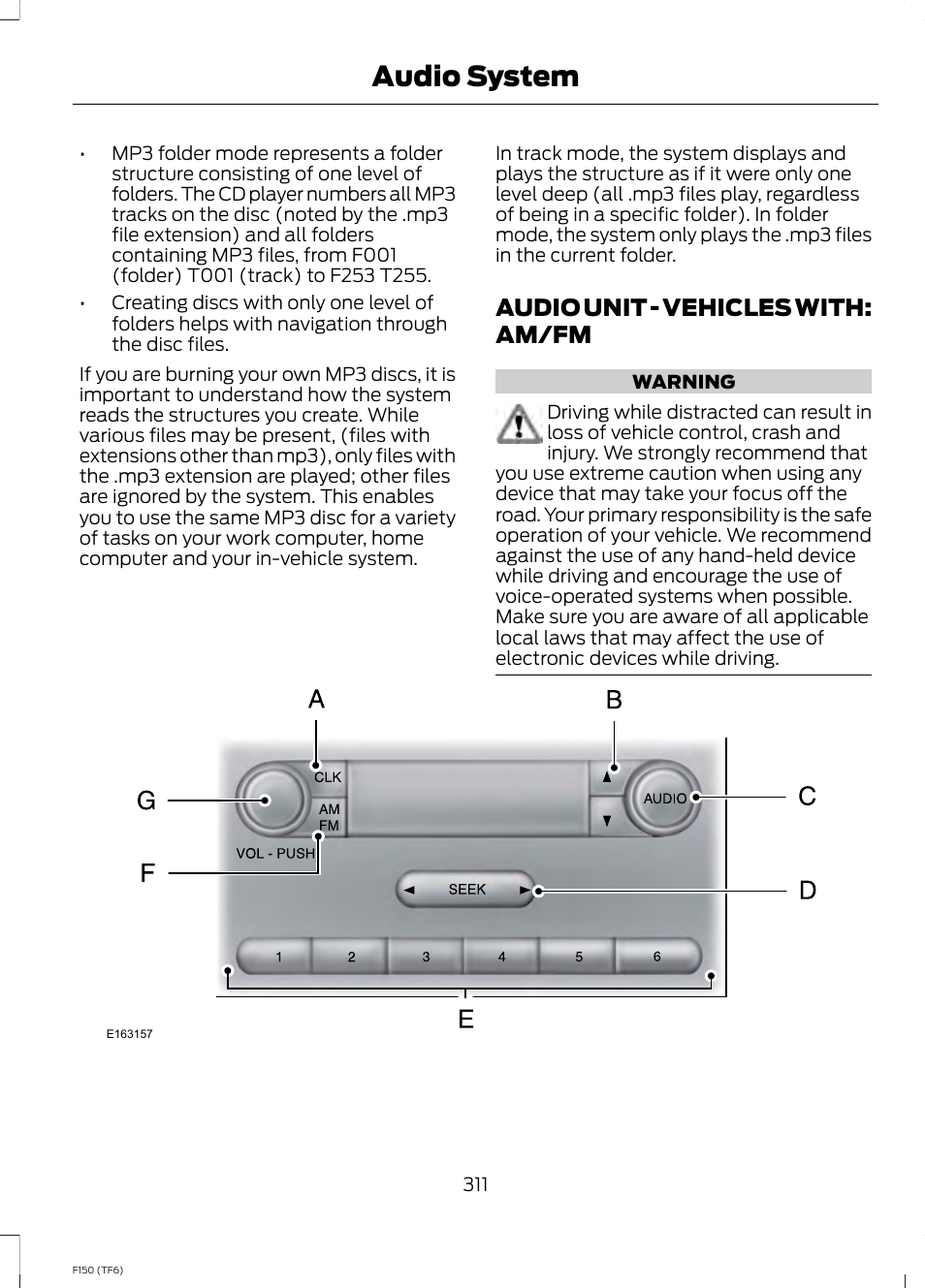 Audio unit, Audio unit - vehicles with: am/fm, Audio system | FORD f150 User Manual | Page 313 / 469