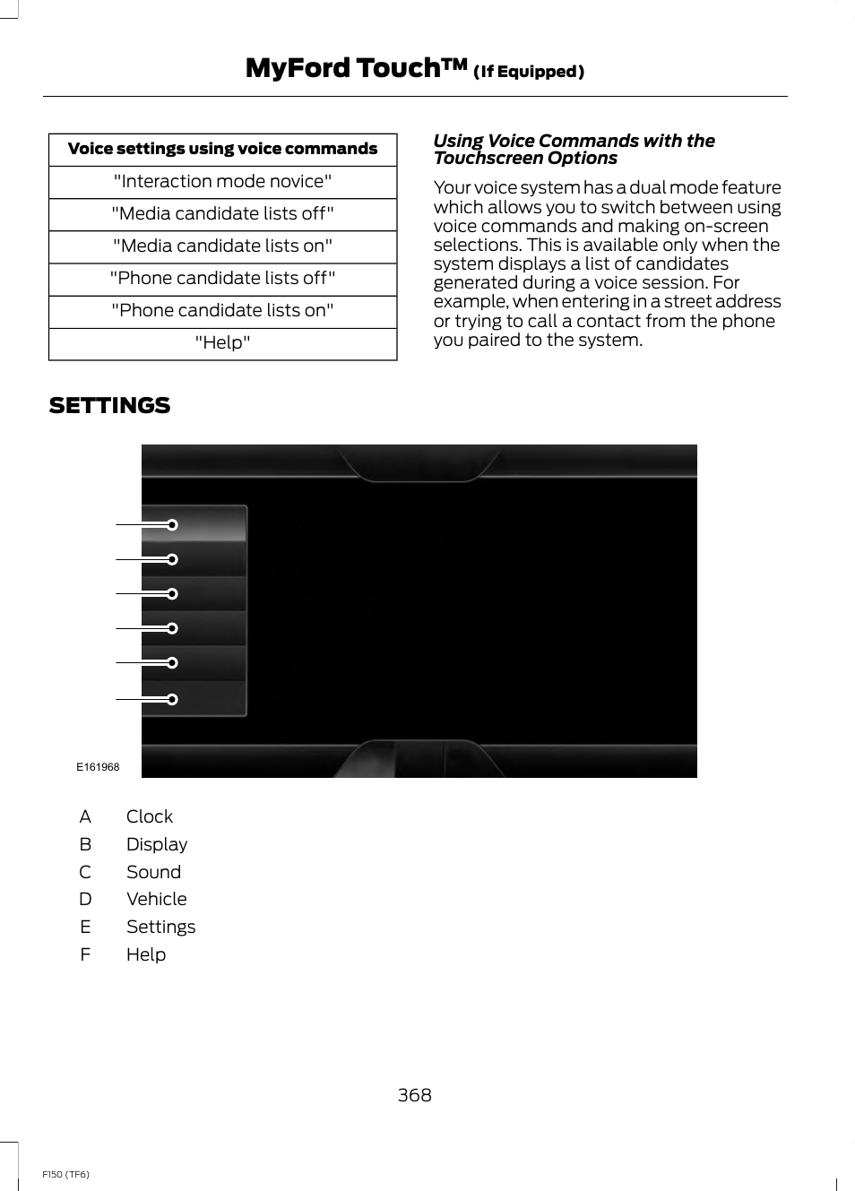 Settings, Myford touch | FORD f150 User Manual | Page 370 / 469