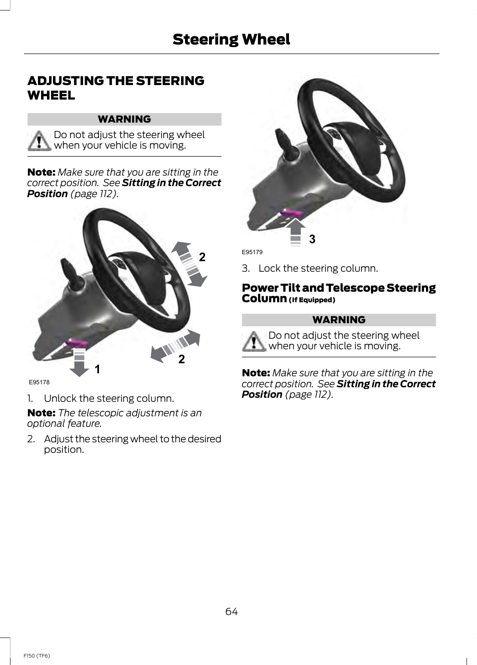Steering wheel, Adjusting the steering wheel | FORD f150 User Manual | Page 66 / 469