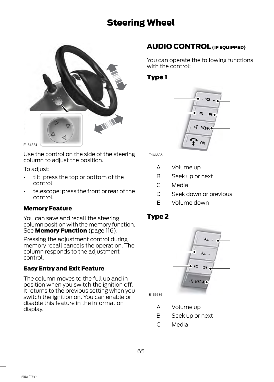 Audio control, Steering wheel, Ed b a c | FORD f150 User Manual | Page 67 / 469