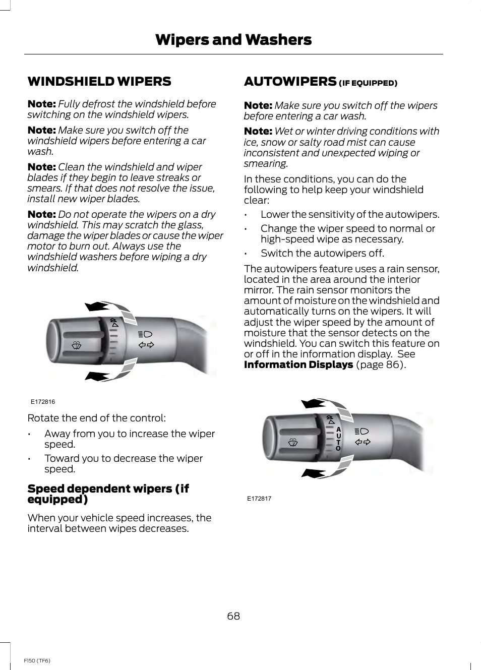Wipers and washers, Windshield wipers, Autowipers | Windshield wipers autowipers | FORD f150 User Manual | Page 70 / 469