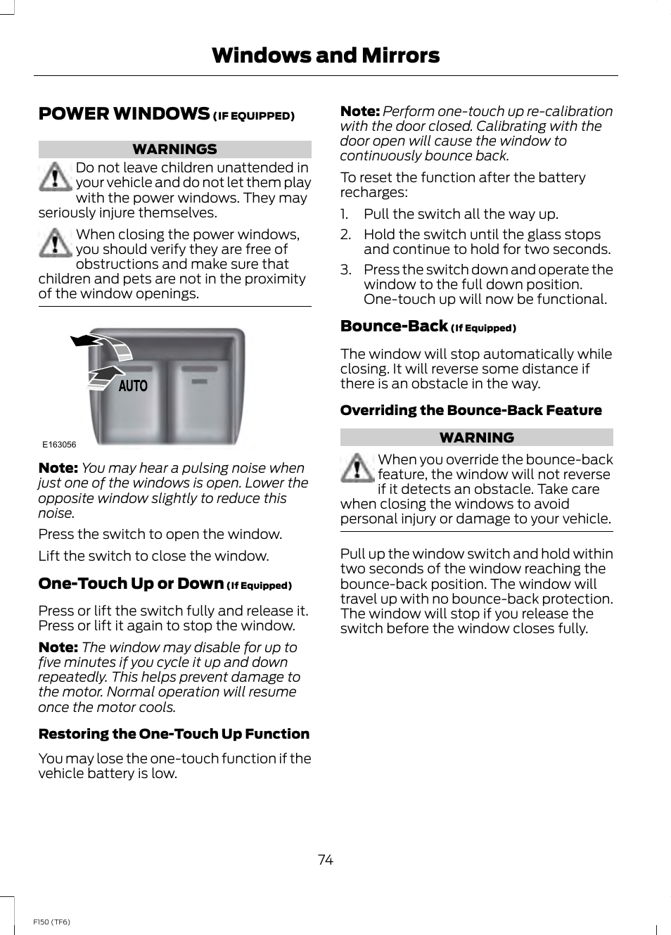 Windows and mirrors, Power windows | FORD f150 User Manual | Page 76 / 469