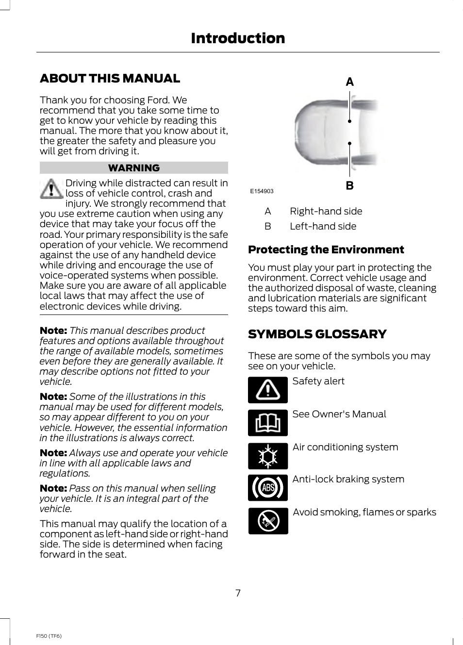 Introduction, About this manual, Symbols glossary | About this manual symbols glossary | FORD f150 User Manual | Page 9 / 469