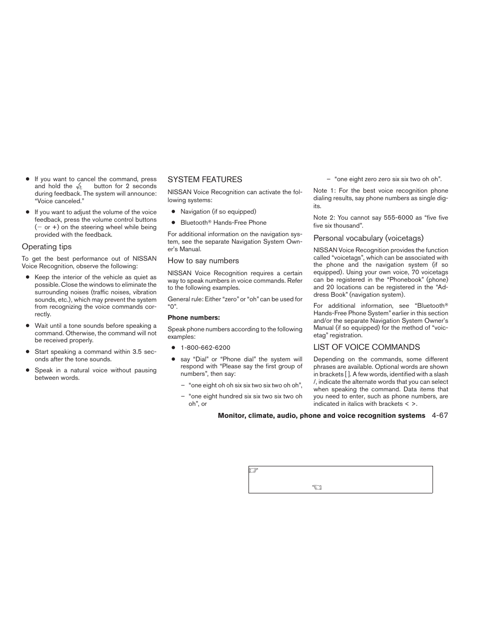 System features -67 list of voice commands -67 | NISSAN 2007 Nissan Altima User Manual | Page 211 / 344