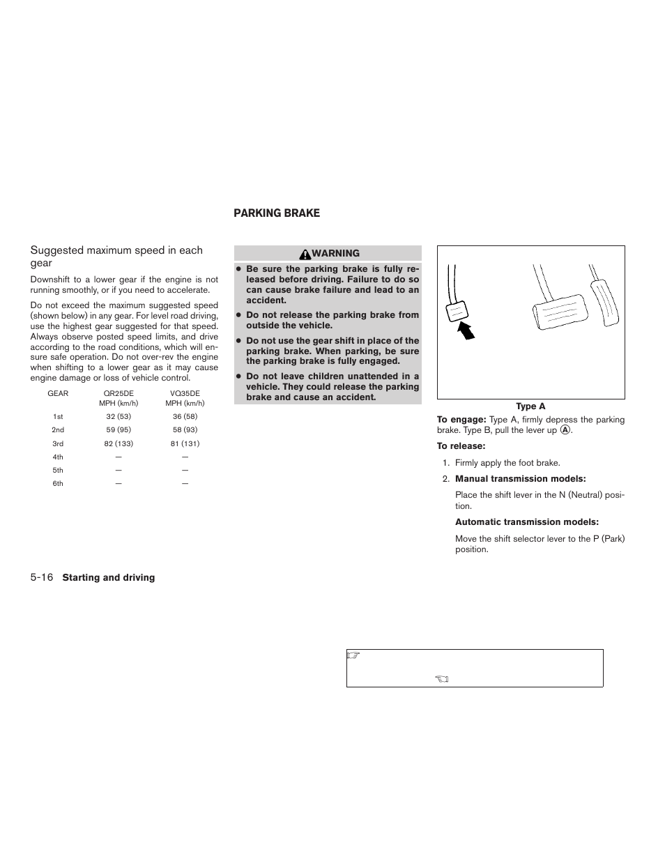 Parking brake -16, Suggested maximum speed in each gear, Parking brake | NISSAN 2007 Nissan Altima User Manual | Page 230 / 344