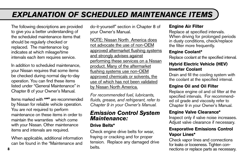 Explanation of scheduled maintenance items, Emission control system maintenance | NISSAN 2010 Nissan Altima User Manual | Page 10 / 60