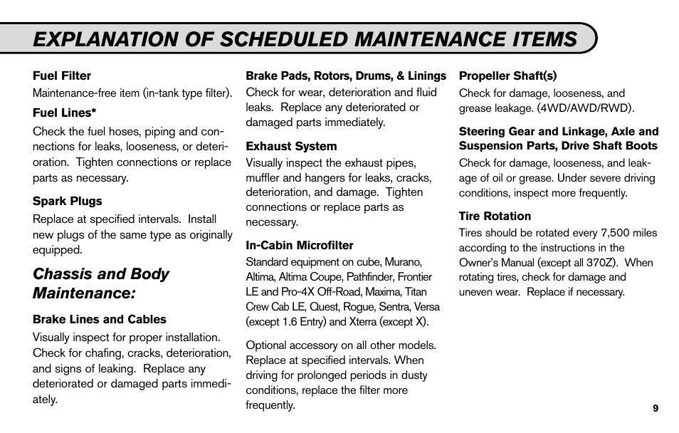 Explanation of scheduled maintenance items, Chassis and body maintenance | NISSAN 2010 Nissan Altima User Manual | Page 11 / 60