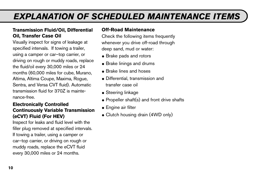 Explanation of scheduled maintenance items | NISSAN 2010 Nissan Altima User Manual | Page 12 / 60