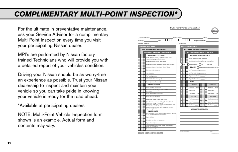 Complimentary multi-point inspection | NISSAN 2010 Nissan Altima User Manual | Page 14 / 60