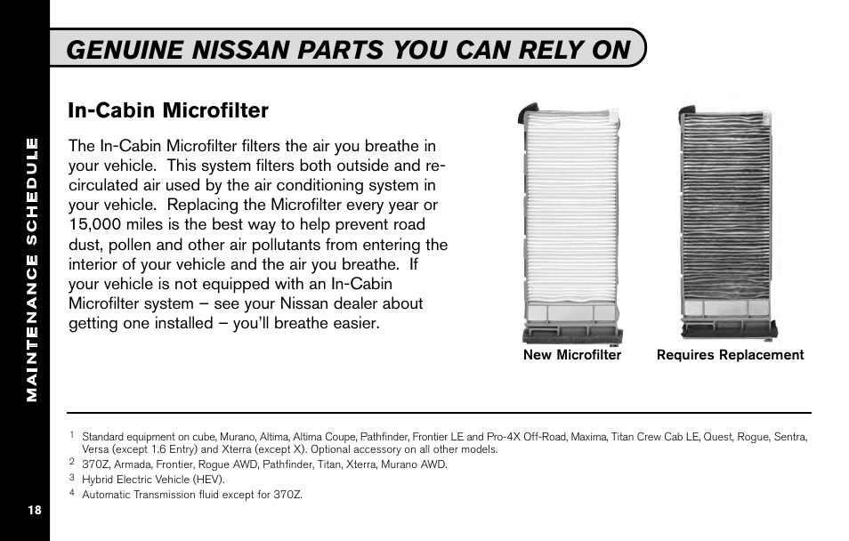 Genuine nissan parts you can rely on, In-cabin microfilter | NISSAN 2010 Nissan Altima User Manual | Page 20 / 60