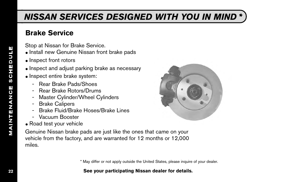 Nissan services designed with you in mind, Brake service | NISSAN 2010 Nissan Altima User Manual | Page 24 / 60