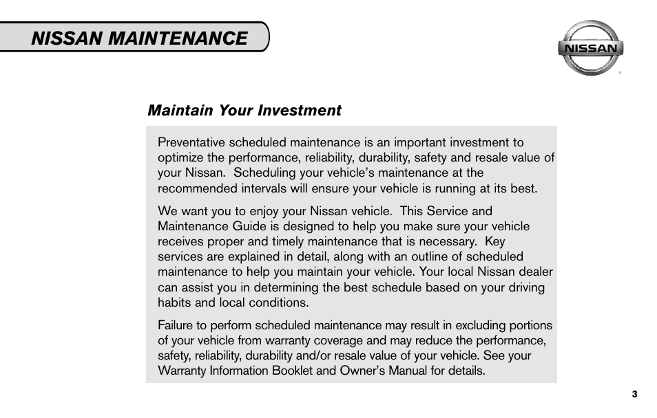 Nissan maintenance, Maintain your investment | NISSAN 2010 Nissan Altima User Manual | Page 5 / 60