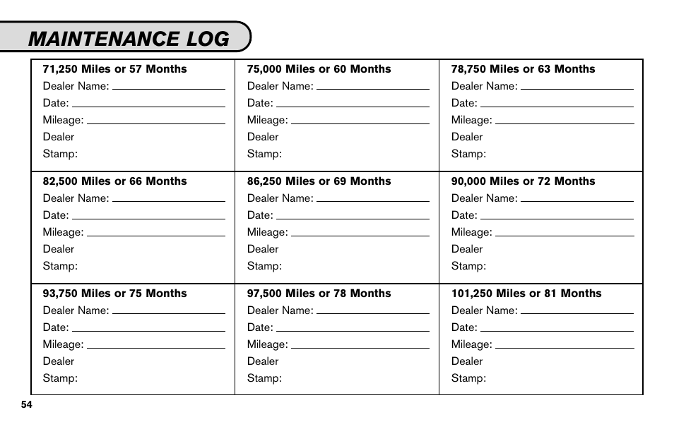 Maintenance log | NISSAN 2010 Nissan Altima User Manual | Page 56 / 60