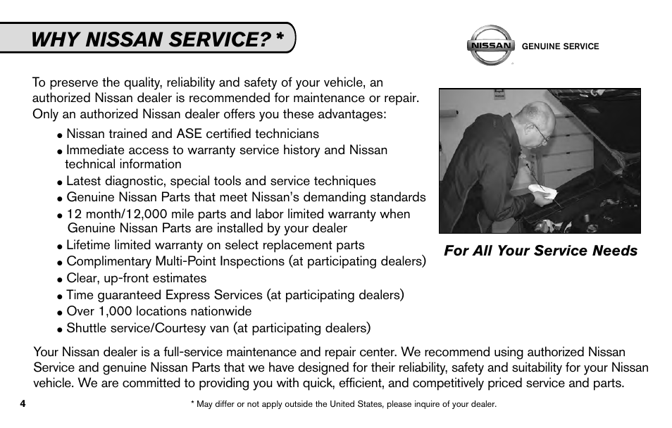 Why nissan service, For all your service needs, Nissan trained and ase certified technicians | Clear, up-front estimates, Over 1,000 locations nationwide | NISSAN 2010 Nissan Altima User Manual | Page 6 / 60