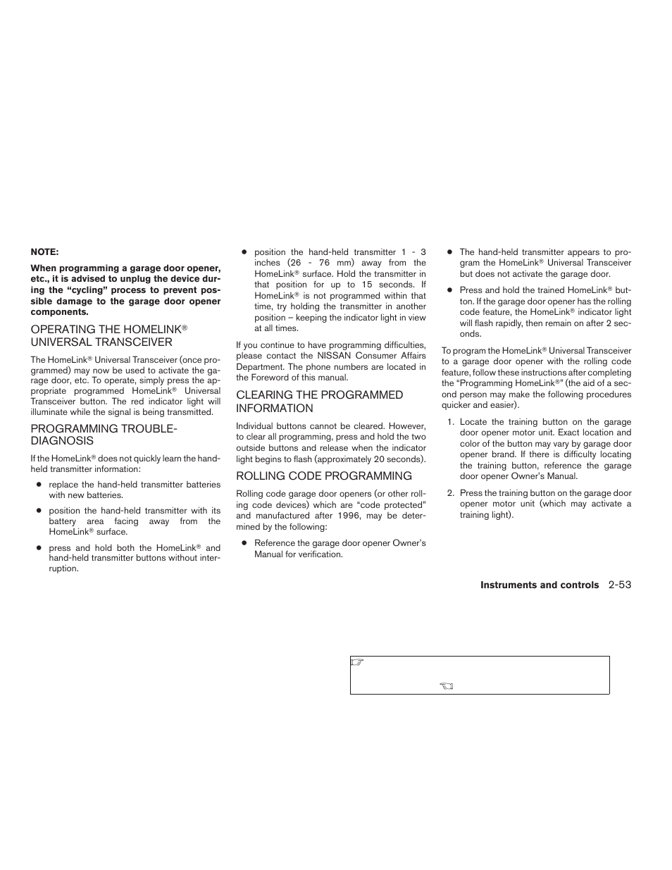 Operating the homelink, Universal | NISSAN 2009 Nissan Altima User Manual | Page 131 / 370