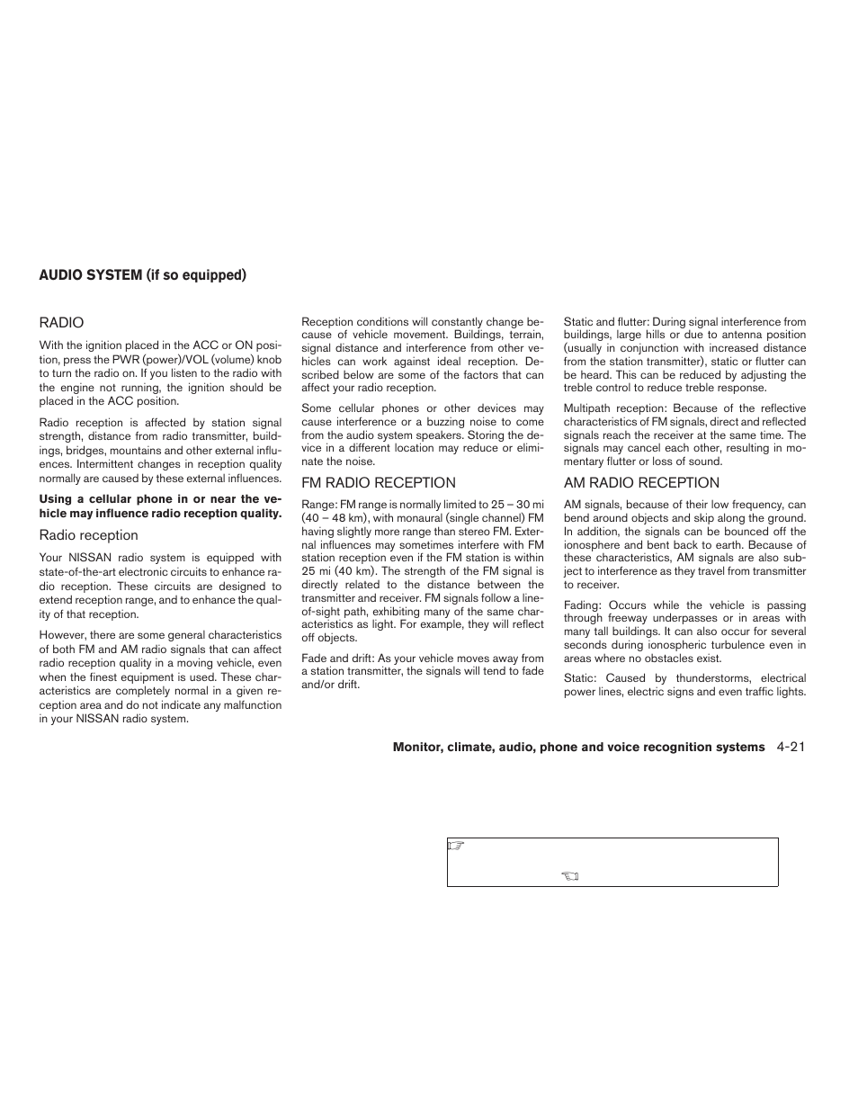 Audio system (if so equipped) -21, Radio -21, Fm radio reception -21 am radio reception -21 | NISSAN 2009 Nissan Altima User Manual | Page 185 / 370