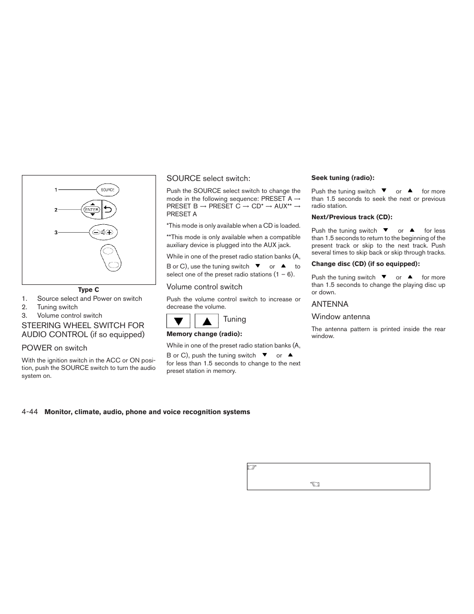 Steering wheel switch for audio control, If so equipped) -44 antenna -44 | NISSAN 2009 Nissan Altima User Manual | Page 208 / 370