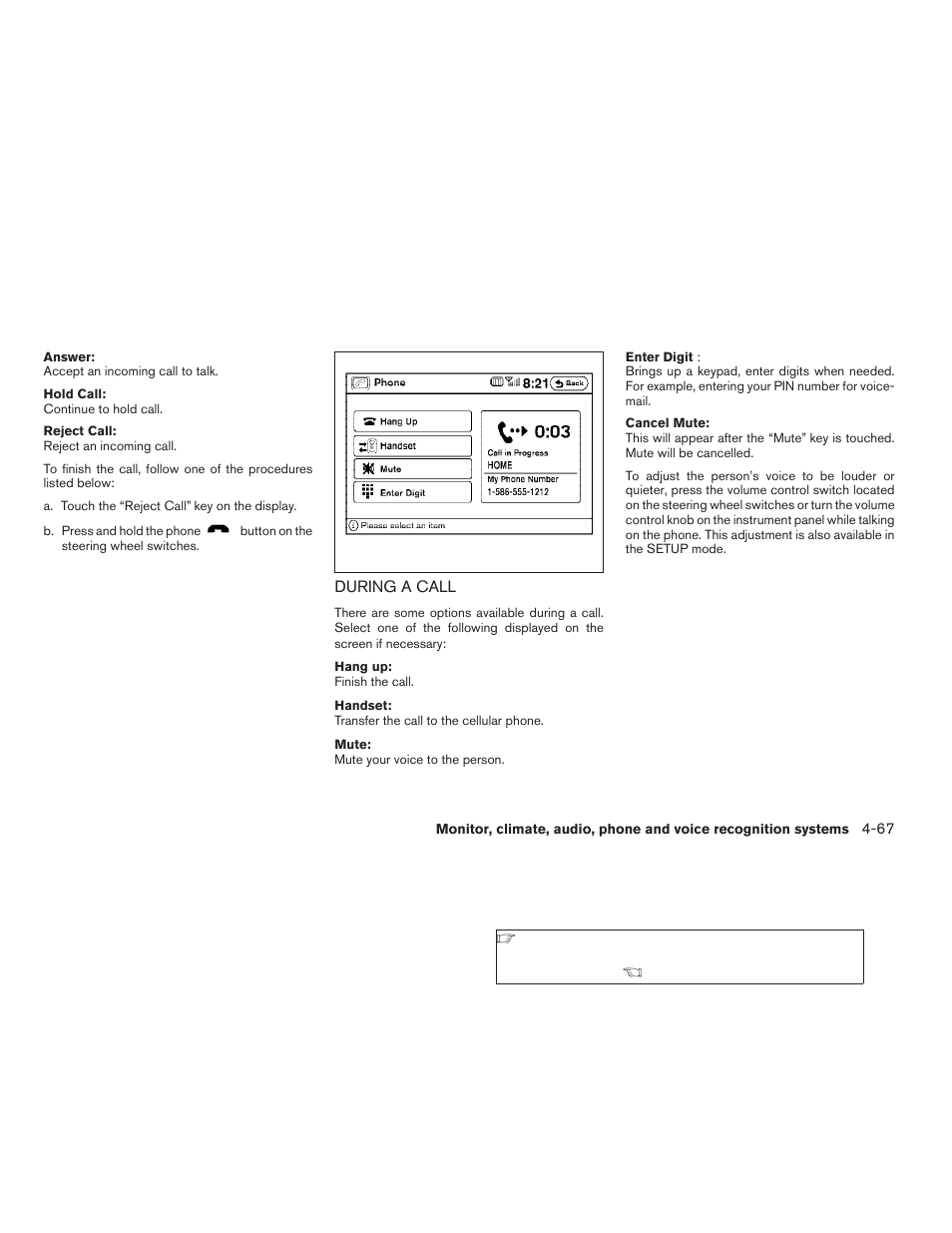 During a call -67 | NISSAN 2009 Nissan Altima User Manual | Page 231 / 370