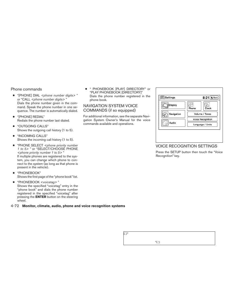 Navigation system voice commands, If so equipped) -72 voice recognition settings -72 | NISSAN 2009 Nissan Altima User Manual | Page 236 / 370