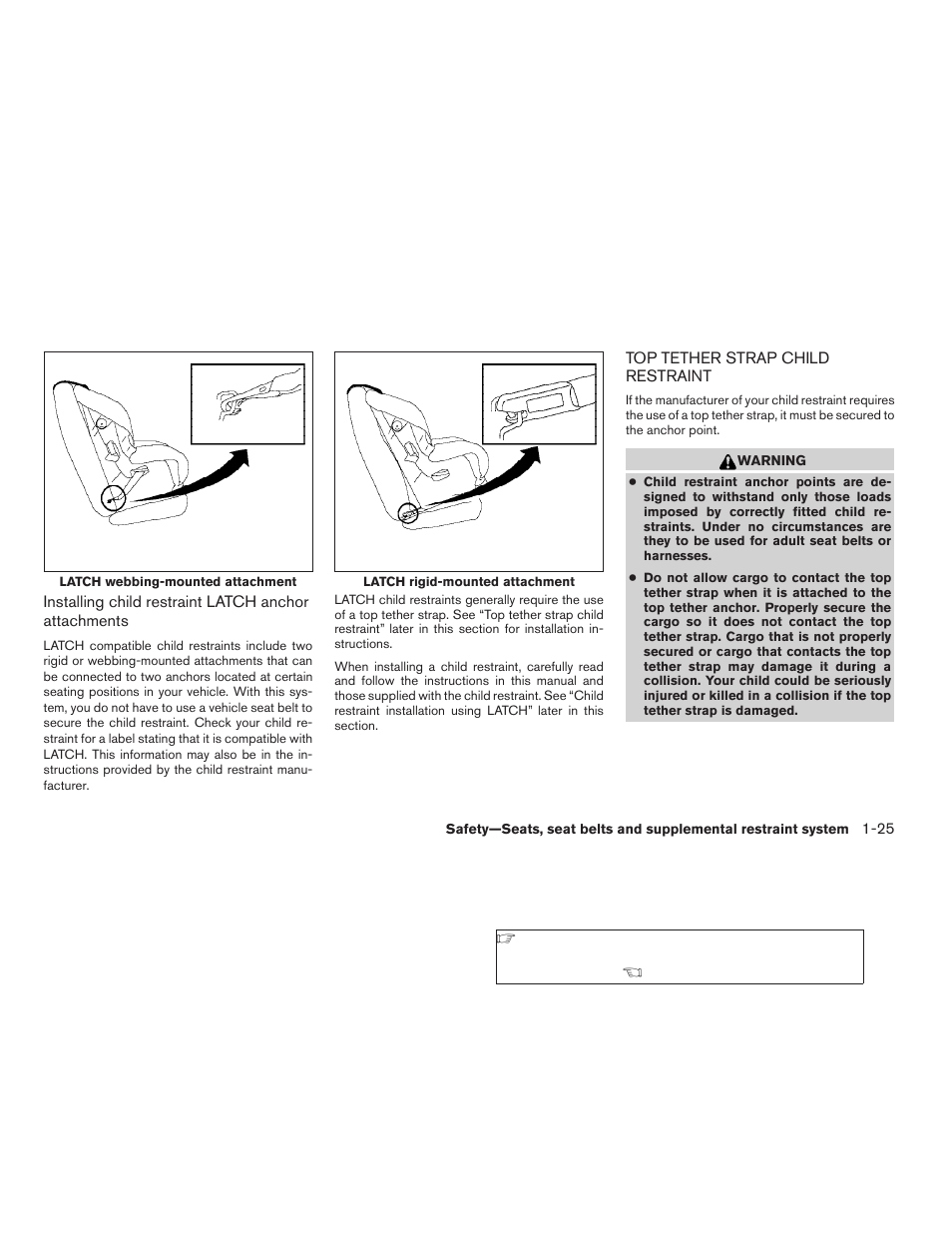 Top tether strap child restraint -25 | NISSAN 2009 Nissan Altima User Manual | Page 43 / 370