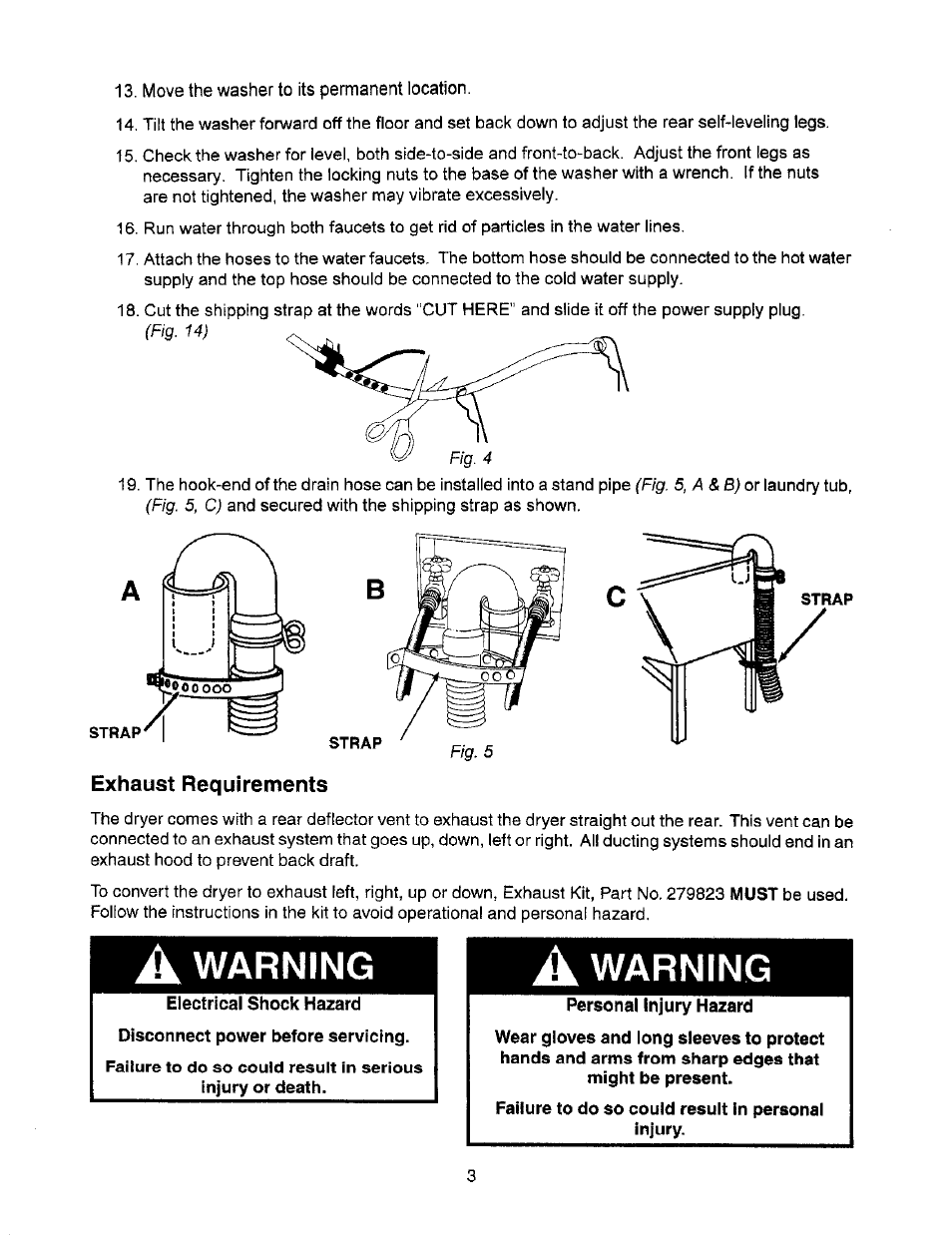 Exhaust requirements, Dryer exhaust requirements, Warning | Whirlpool Thin Twin User Manual | Page 10 / 40