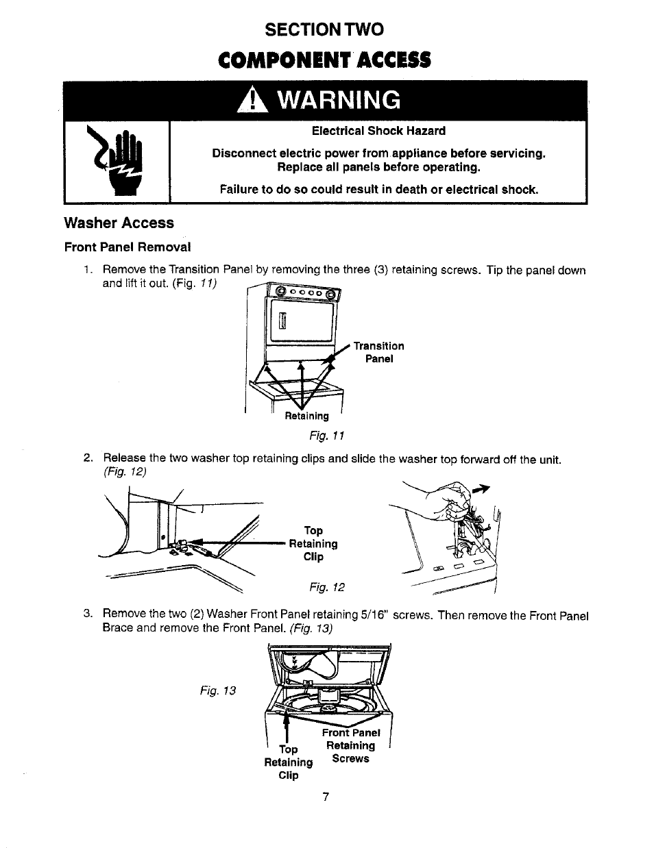 Component access, Washer access, A warning | Whirlpool Thin Twin User Manual | Page 14 / 40