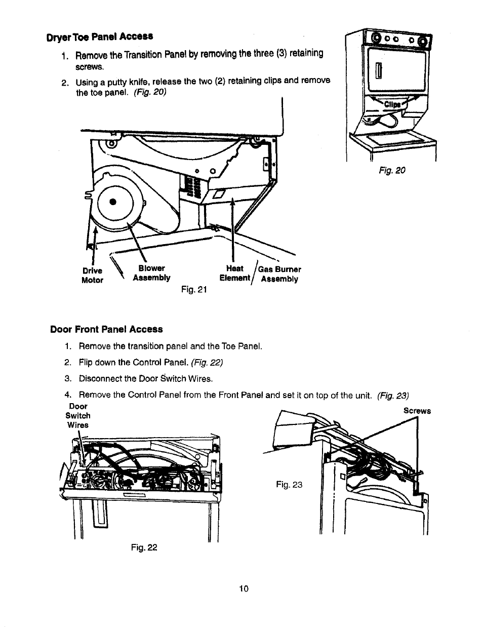 Dryer toe panel access, Door front panel access, Front panel access | Control panel access | Whirlpool Thin Twin User Manual | Page 17 / 40