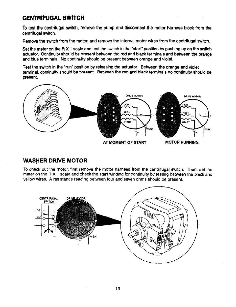 Washer drive motor, Centrrfugal switch washer drive motor | Whirlpool Thin Twin User Manual | Page 26 / 40