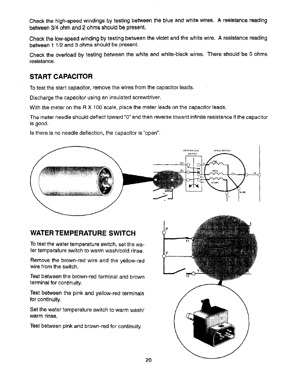 Start capacitor, Water temperature switch | Whirlpool Thin Twin User Manual | Page 27 / 40