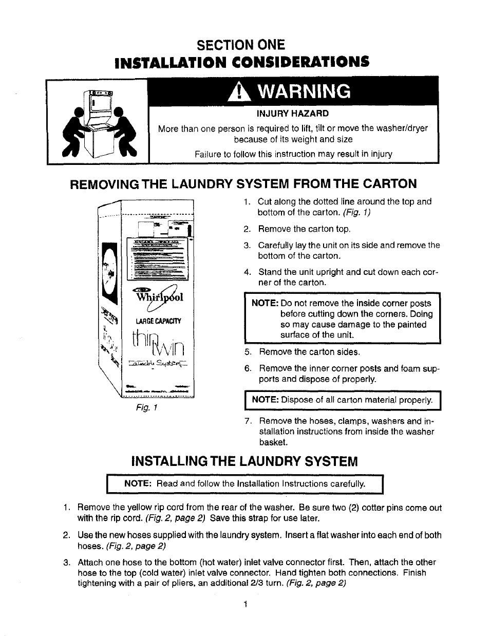 Installation considerations, Removing the laundry system from the carton, A warning | Installing the laundry system | Whirlpool Thin Twin User Manual | Page 8 / 40