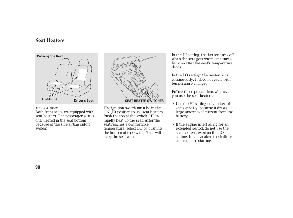 Seat heaters | HONDA 2008 honda civic User Manual | Page 104 / 326