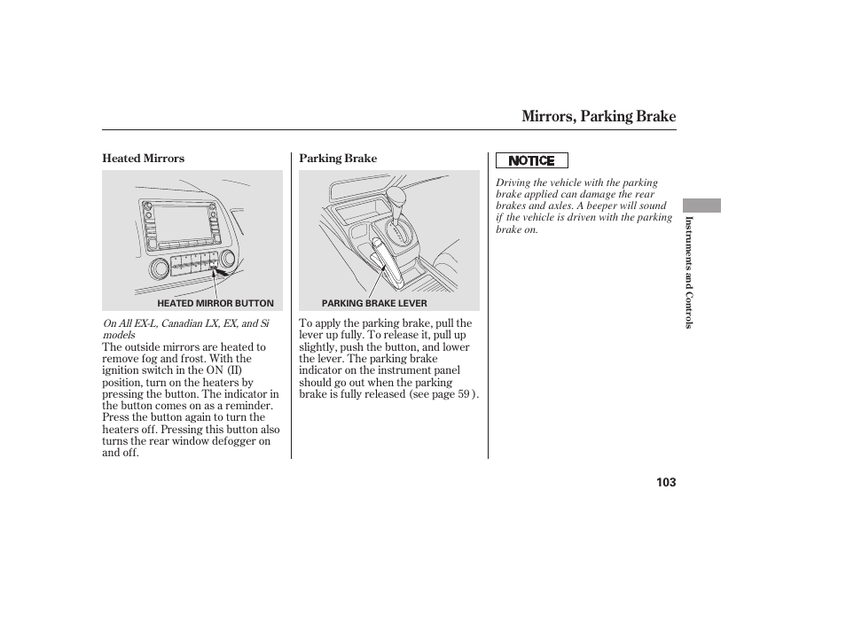 Mirrors, parking brake | HONDA 2008 honda civic User Manual | Page 109 / 326