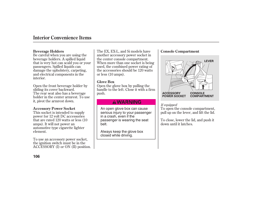 Interior convenience items | HONDA 2008 honda civic User Manual | Page 112 / 326