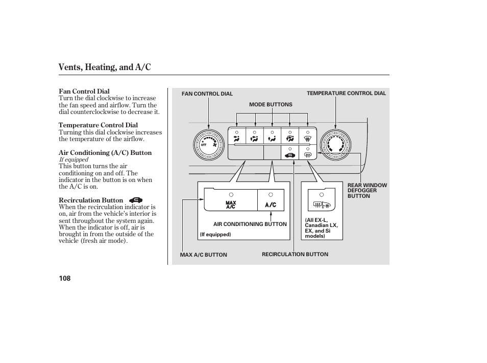 Vents, heating, and a/c | HONDA 2008 honda civic User Manual | Page 114 / 326