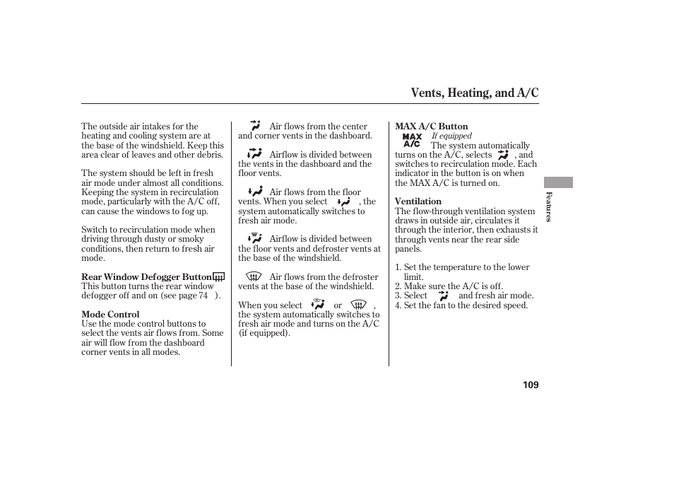 Vents, heating, and a/c | HONDA 2008 honda civic User Manual | Page 115 / 326