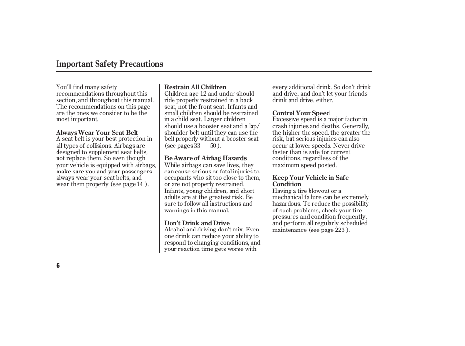 Important safety precautions | HONDA 2008 honda civic User Manual | Page 12 / 326